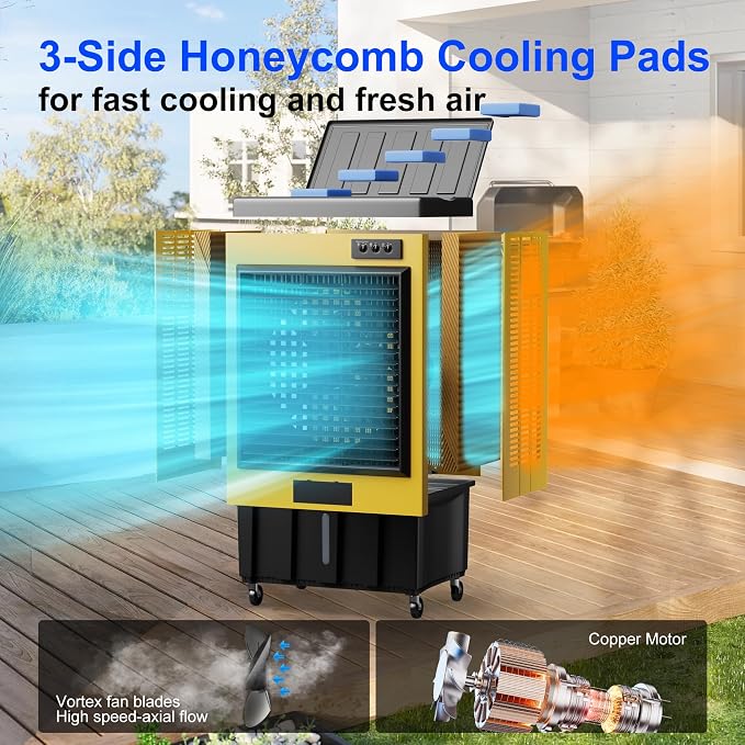 14715CFM Portable Swamp Cooler, Evaporative Air Cooler with 53 Gal Water Tank, Continuous Auto Fill, 3 Speeds
