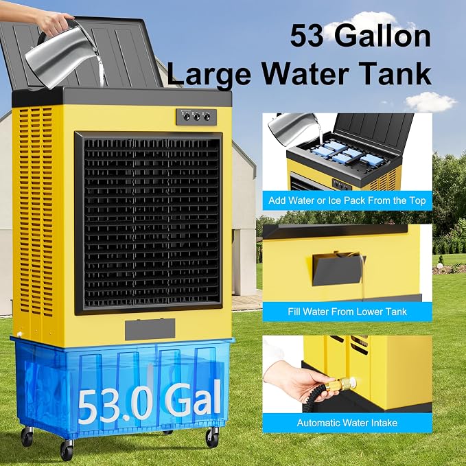 14715CFM Swamp Coolers,Portable Evaporative Air Cooler for 2800 Sq.ft of Space,with Continuous Auto Fill,53-Gal Water