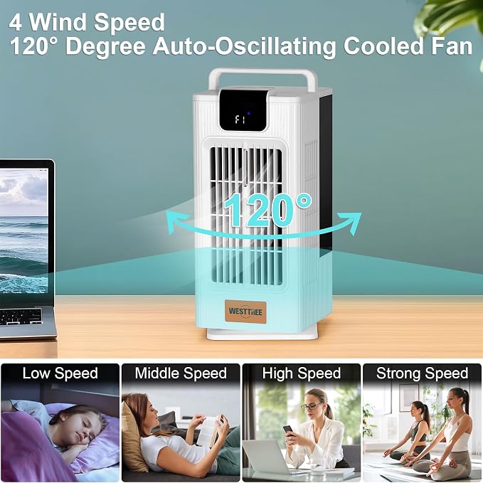 14inch Portable air conditioners Misting Fan,120°Oscillating mini Air Conditioner,Desk air 3 Level Humidify 4 Speeds, 7 RGB