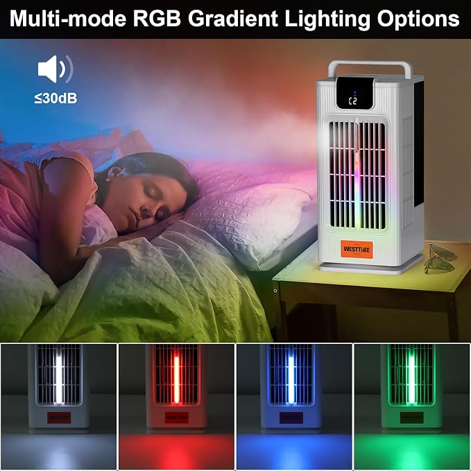 14inch Portable air conditioners Misting Fan,120°Oscillating mini Air Conditioner,Desk air 3 Level Humidify 4 Speeds, 7 RGB