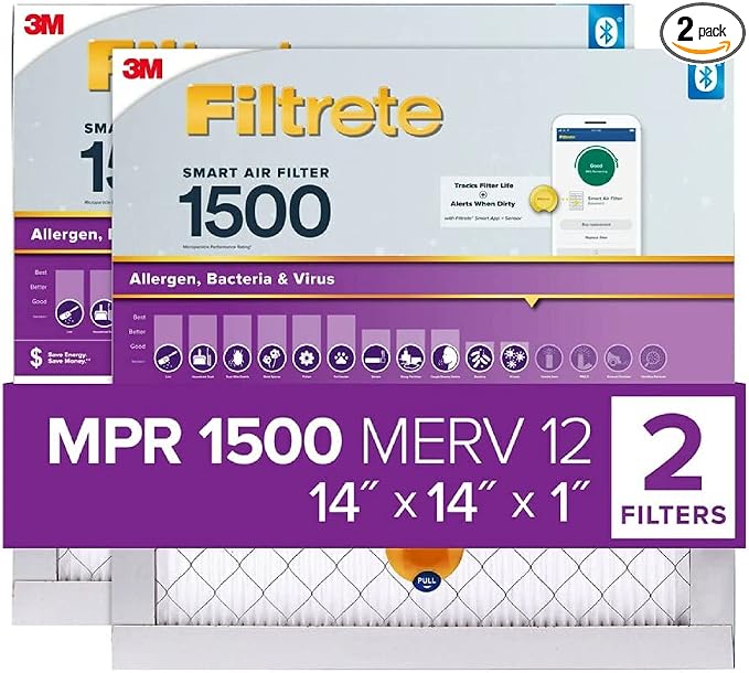 14x14x1 AC Furnace SMART Air Filter, MERV 12, MPR 1500, Track Filter Life With Bluetooth Enabled Sensor, CERTIFIED asthma &