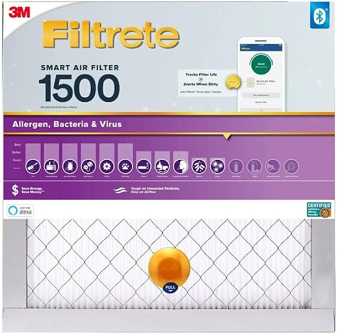 14x14x1 AC Furnace SMART Air Filter, MERV 12, MPR 1500, Track Filter Life With Bluetooth Enabled Sensor, CERTIFIED asthma &