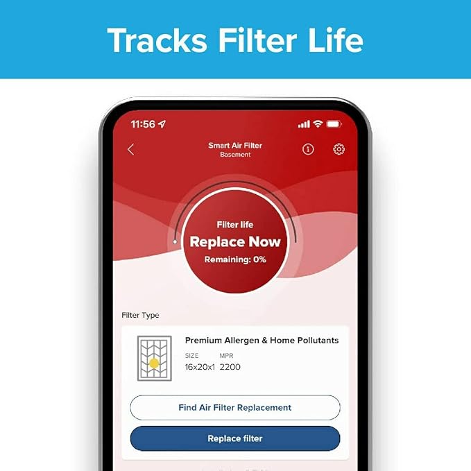 14x14x1 AC Furnace SMART Air Filter, MERV 12, MPR 1500, Track Filter Life With Bluetooth Enabled Sensor, CERTIFIED asthma &