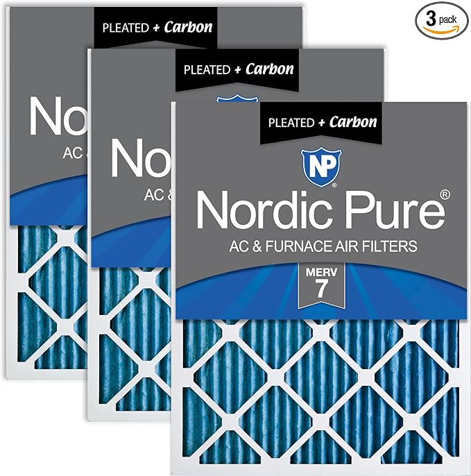 14x14x1 (Actual Size: 13 3/4 x 13 3/4 x 3/4) Pleated Air Filters MERV 7 Plus Carbon 3 Pack, product image