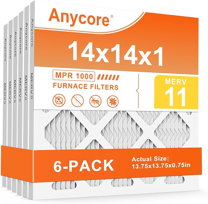 14x14x1 Air Filter 6 Pack MERV 11 AC HVAC Furnace Pleated Air Filters for Home Office MPR 1000 FPR 7 (Actual Size