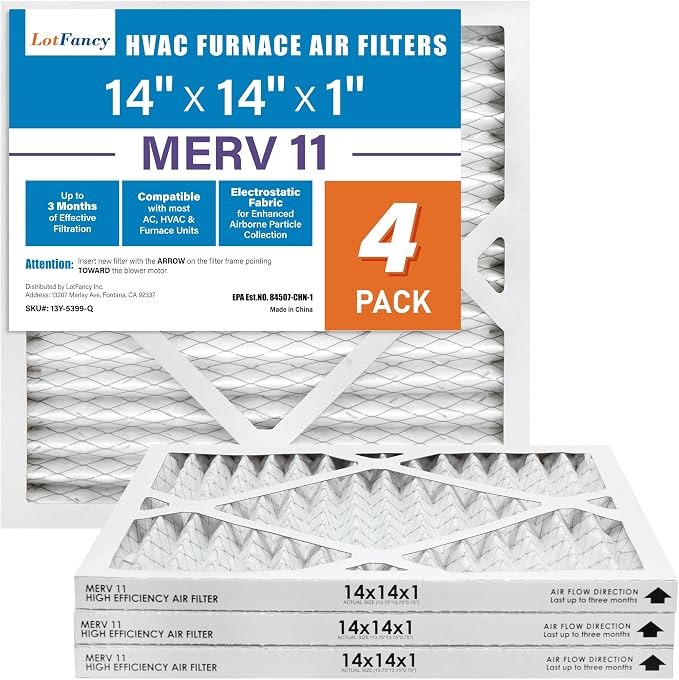 14x14x1 Air Filter MERV 11 4-Pack, Electrostatic Pleated AC Furnace Air Filter, Captures Dust, Smog & Pet Dander, Actual