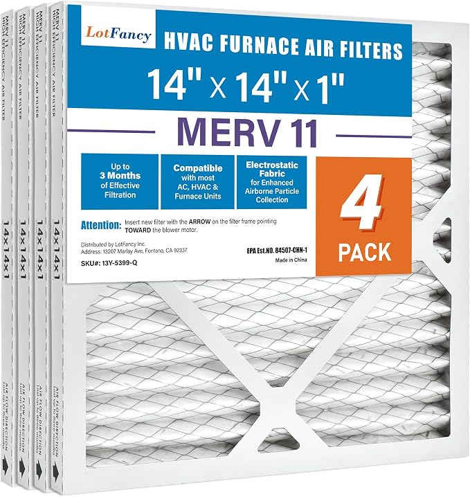 14x14x1 Air Filter MERV 11 4-Pack, Electrostatic Pleated AC Furnace Air Filter, Captures Dust, Smog & Pet Dander, Actual