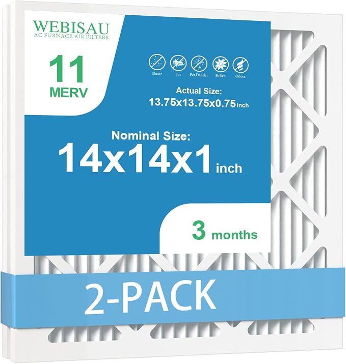 14x14x1 Air Filter MERV 11 MPR 1000 2Pack Pleated HVAC AC Furnace Air Filters,Air Conditioner Filters (Exact size: 13 3/4"x13