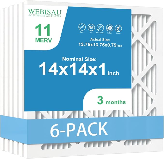 14x14x1 Air Filter MERV 11 MPR 1000 Furnace Filters 6Pack Pleated HVAC AC Furnace Air Conditioner Filters (Exact size: 13