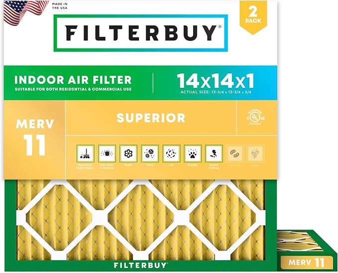 14x14x1 Air Filter MERV 11 Superior Pet & Allergy Defense (2-Pack), Electrostatic Pleated HVAC AC Furnace Filters