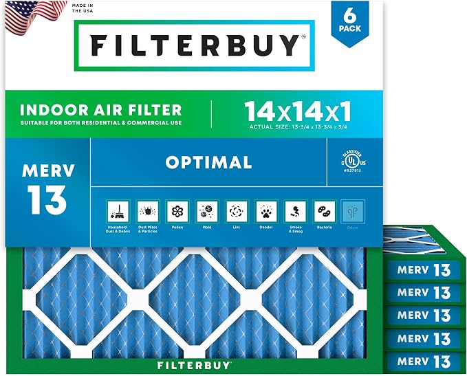 14x14x1 Air Filter MERV 13 Optimal Smoke & Allergy Defense (6-Pack), Electrostatic Pleated HVAC AC Furnace