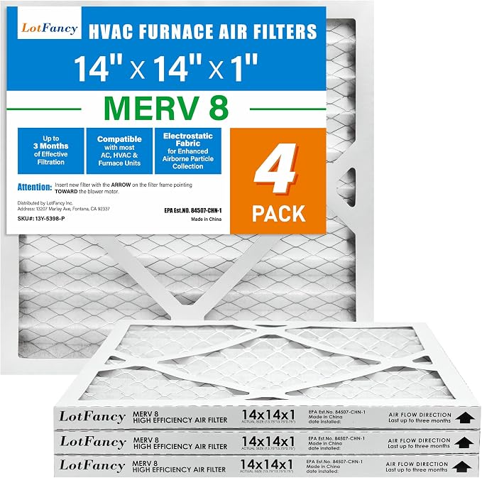 14x14x1 Air Filter MERV 8 4-Pack, Electrostatic Pleated Furnace & AC Filter, Captures Dust, Pet Hair, Pollen, Actual Size