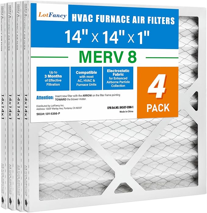 14x14x1 Air Filter MERV 8 4-Pack, Electrostatic Pleated Furnace & AC Filter, Captures Dust, Pet Hair, Pollen, Actual Size