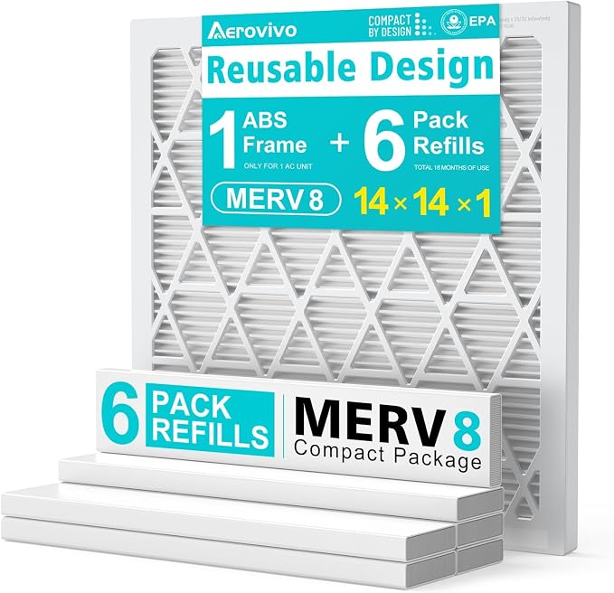 14x14x1 Refillable Air Filter Kit, MERV 8, 1 Reusable Frame & 6 Refills, Fits Most AC HVAC Furnace Devices, Actual Size