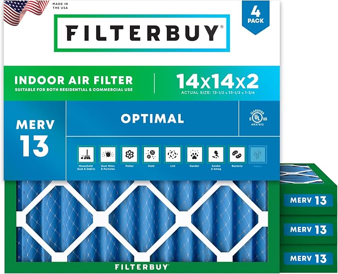14x14x2 Air Filter MERV 13 Optimal Smoke & Allergy Defense (4-Pack), Electrostatic Pleated HVAC AC Furnace