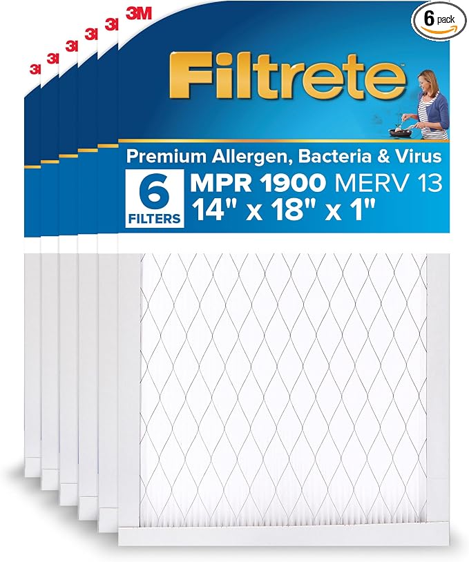 14x18x1 AC Furnace Air Filter, MERV 13, MPR 1900, Premium Allergen, Bacteria & Virus Filter, 3-Month Pleated Electrostatic