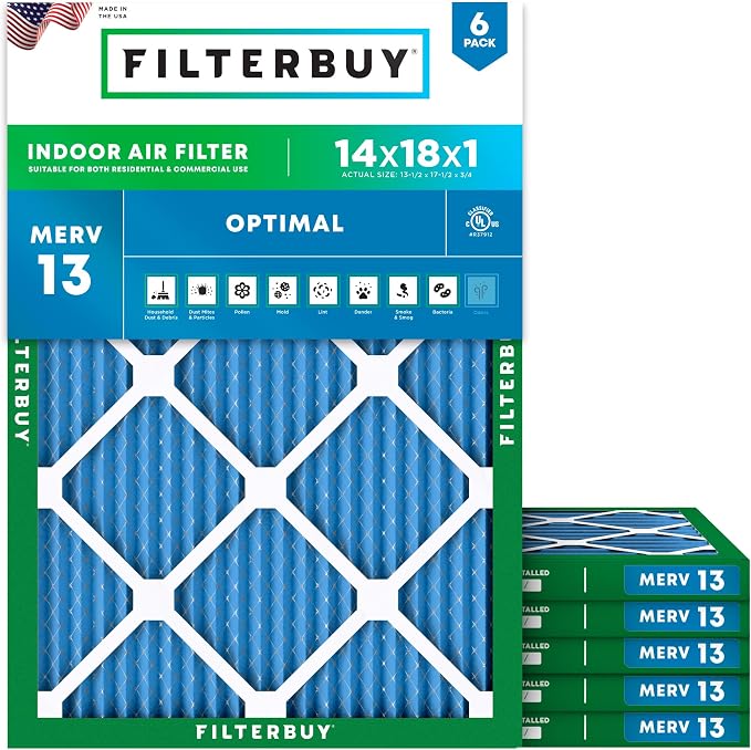 14x18x1 Air Filter MERV 13 Optimal Smoke & Allergy Defense (6-Pack), Electrostatic Pleated HVAC AC Furnace