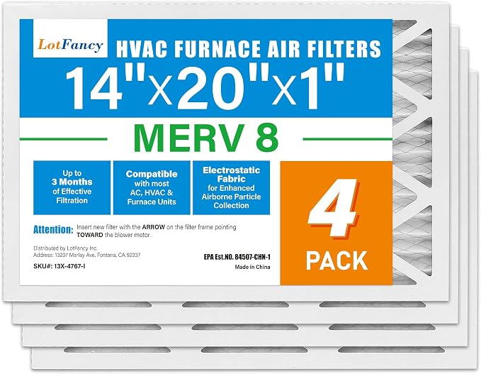 14x20x1 Air Filter MERV 8 4-Pack, Electrostatic Pleated Furnace & AC Filter, Captures Dust, Pet Hair, Pollen