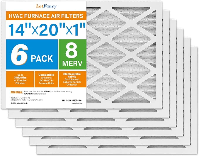 14x20x1 Air Filter MERV 8 6-Pack, Electrostatic Pleated Furnace & AC Filter, Captures Dust, Pet Hair, Pollen, Actual Size