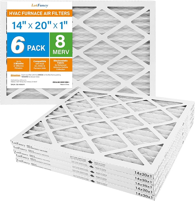 14x20x1 Air Filter MERV 8 6-Pack, Electrostatic Pleated Furnace & AC Filter, Captures Dust, Pet Hair, Pollen, Actual Size