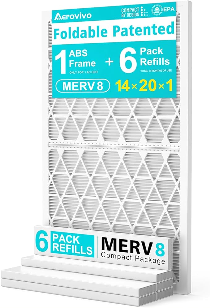 14x20x1 Refillable Air Filter Kit, MERV 8, 1 Reusable Foldable Frame & 6 Refills, Fits Most AC HVAC Furnace Devices, Actual