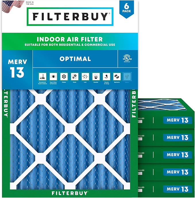 14x20x2 Air Filter MERV 13 Optimal Smoke & Allergy Defense (6-Pack), Electrostatic Pleated HVAC AC Furnace