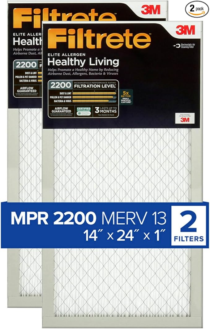 14x24x1 AC Furnace Air Filter, MERV 13, MPR 2200, Elite Allergen, Bacteria & Virus Filter, 3-Month Pleated 1-Inch