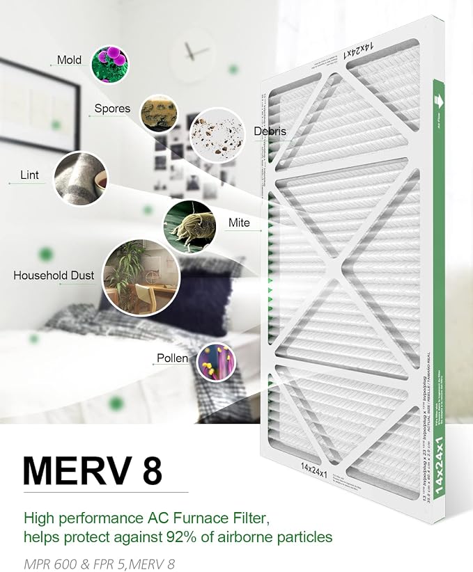 14x24x1 Air Filter 6 Pack, Durable MERV 8 Pleated Home HVAC AC Furnace Filters, Lightweight Compact Air Conditioner Filter