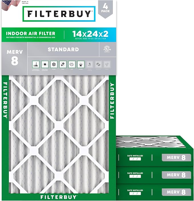14x24x2 Air Filter MERV 8 Essential Dust & Allergy Defense (4-Pack), Electrostatic Pleated HVAC AC Furnace Filters