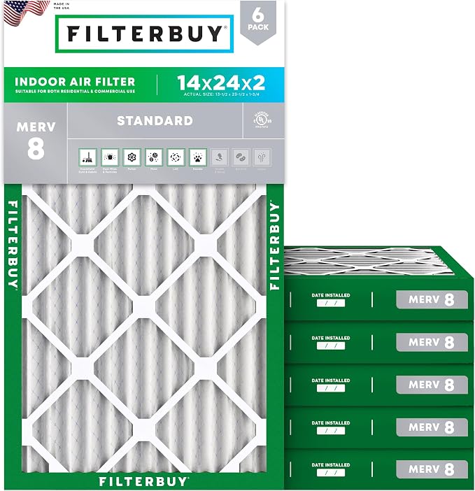 14x24x2 Air Filter MERV 8 Essential Dust & Allergy Defense (6-Pack), Electrostatic Pleated HVAC AC Furnace