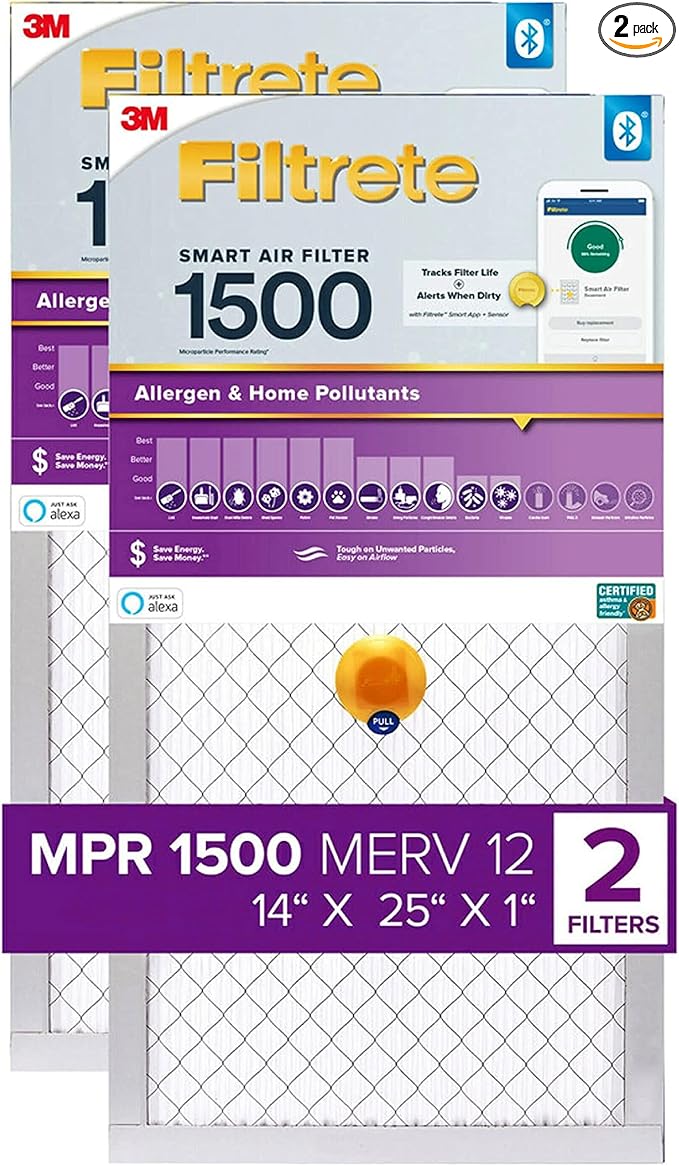 14x25x1 AC Furnace SMART Air Filter, MERV 12, MPR 1500, Track Filter Life With Bluetooth Enabled Sensor, CERTIFIED asthma &