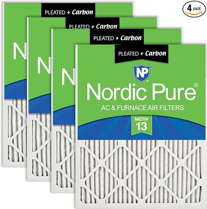 14x25x1 (Actual Size: 13 1/2 x 24 1/2 x 3/4) Pleated Air Filters MERV 13 Plus Carbon 4 Pack, product image