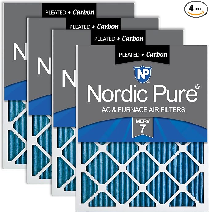 14x25x1 (Actual Size: 13 1/2 x 24 1/2 x 3/4) Pleated Air Filters MERV 7 Plus Carbon 4 Pack, product image