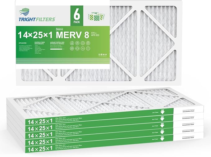 14x25x1 Air Filter 6 Pack, Durable MERV 8 Pleated Home HVAC AC Furnace Filters, Lightweight Compact Air Conditioner Filter