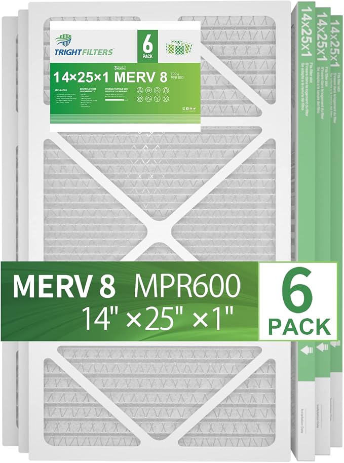 14x25x1 Air Filter 6 Pack, Durable MERV 8 Pleated Home HVAC AC Furnace Filters, Lightweight Compact Air Conditioner Filter