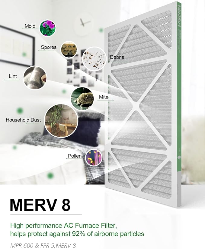14x25x1 Air Filter 6 Pack, Durable MERV 8 Pleated Home HVAC AC Furnace Filters, Lightweight Compact Air Conditioner Filter