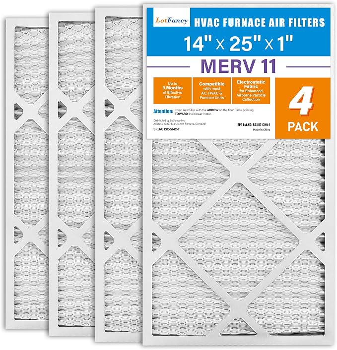 14x25x1 Air Filter MERV 11 4-Pack, Electrostatic Pleated AC Furnace Air Filter, Captures Dust, Smog & Pet Dander, Actual