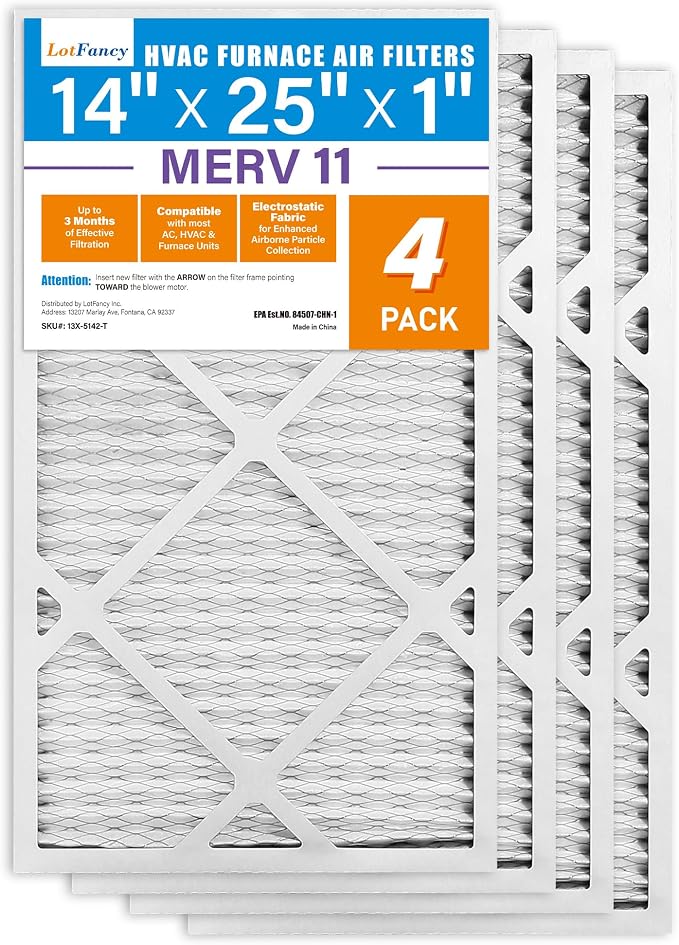 14x25x1 Air Filter MERV 11 4-Pack, Electrostatic Pleated AC Furnace Air Filter, Captures Dust, Smog & Pet Dander, Actual