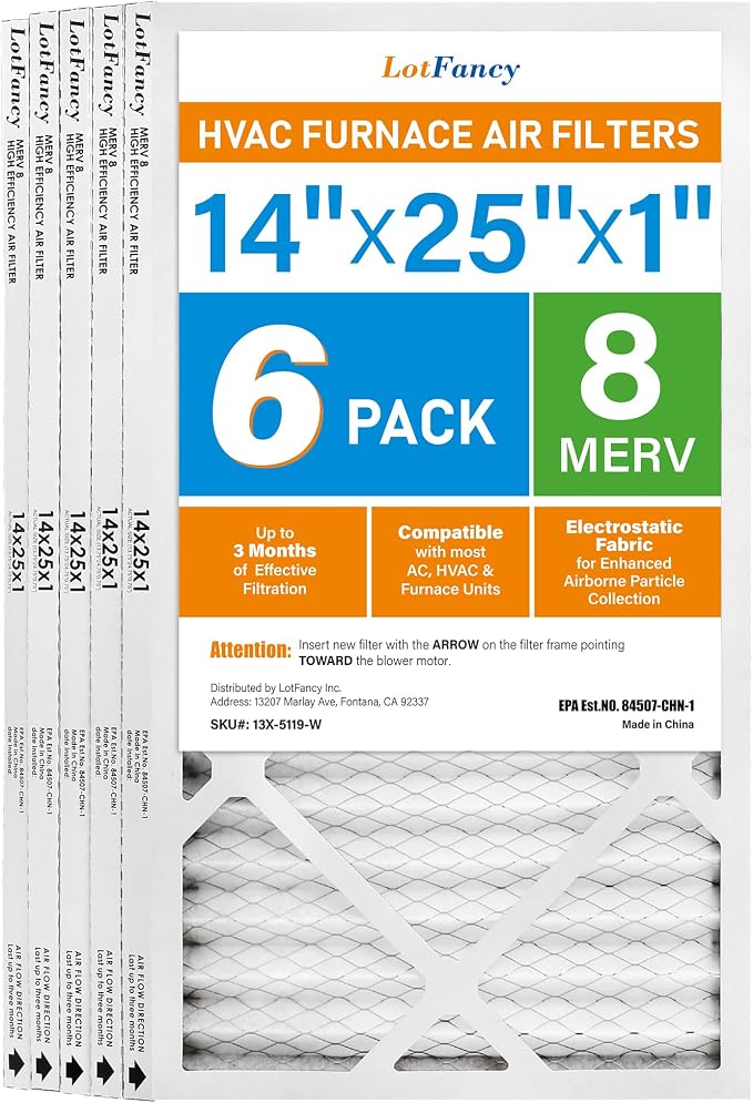 14x25x1 Air Filter MERV 8 6-Pack, Electrostatic Pleated Furnace & AC Filter, Captures Dust, Pet Hair, Pollen, Actual Size