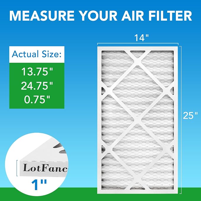 14x25x1 Air Filter MERV 8 6-Pack, Electrostatic Pleated Furnace & AC Filter, Captures Dust, Pet Hair, Pollen, Actual Size