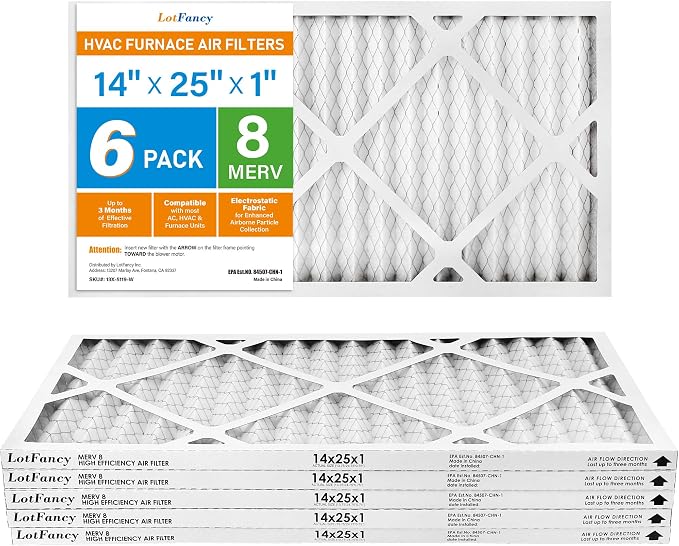 14x25x1 Air Filter MERV 8 6-Pack, Electrostatic Pleated Furnace & AC Filter, Captures Dust, Pet Hair, Pollen, Actual Size