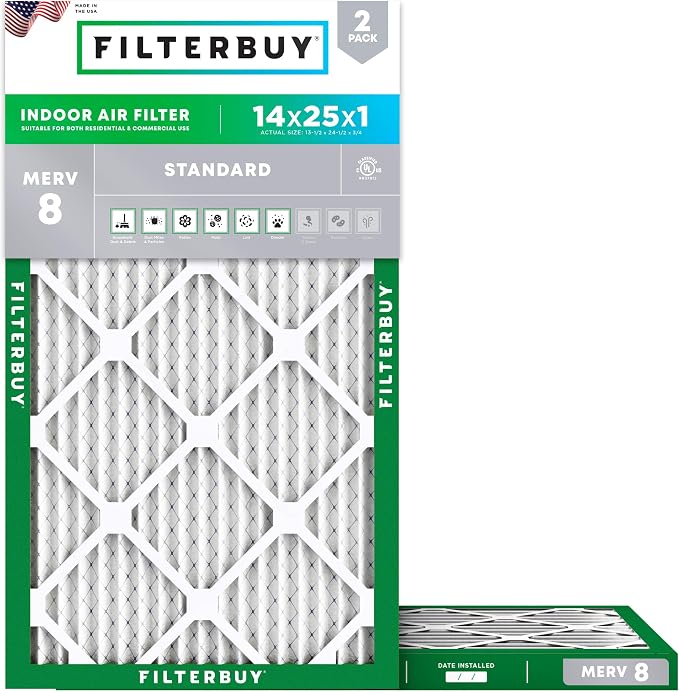 14x25x1 Air Filter MERV 8 Essential Dust & Allergy Defense (2-Pack), Electrostatic Pleated HVAC AC Furnace Filters
