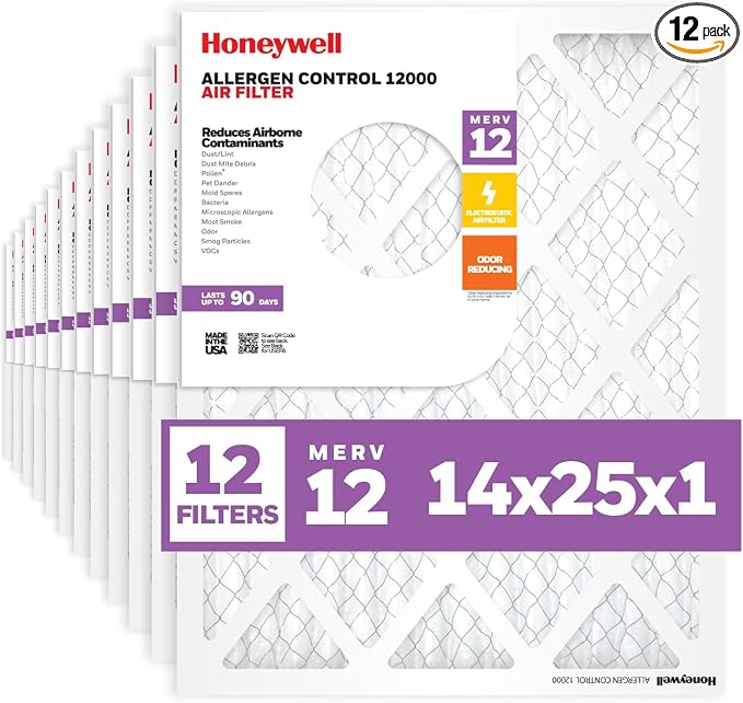 14x25x1 MERV 12 Electrostatic Pleated HVAC AC Furnace Air Filter (12-Pack) | Replacement Filter for Home Use | Made in USA
