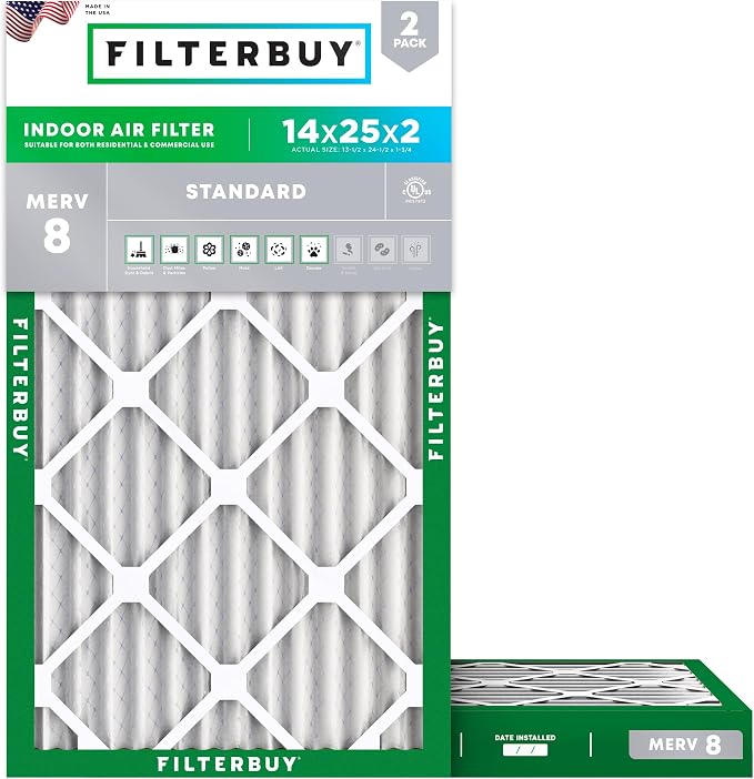 14x25x2 Air Filter MERV 8 Essential Dust & Allergy Defense (2-Pack), Electrostatic Pleated HVAC AC Furnace Filters