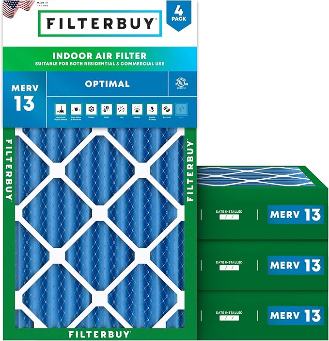 14x25x4 Air Filter MERV 13 Optimal Smoke & Allergy Defense (4-Pack), Electrostatic Pleated HVAC AC Furnace
