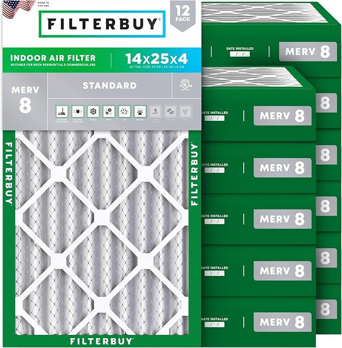 14x25x4 Air Filter MERV 8 Essential Dust & Allergy Defense (12-Pack), Electrostatic Pleated HVAC AC Furnace