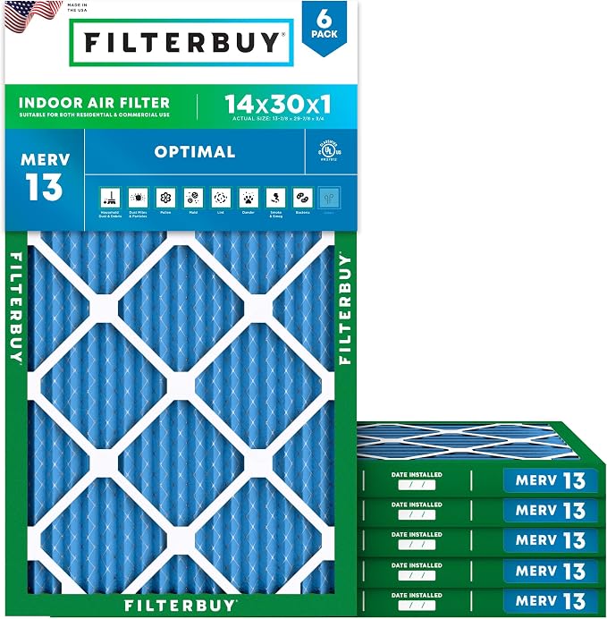 14x30x1 Air Filter MERV 13 Optimal Smoke & Allergy Defense (6-Pack), Electrostatic Pleated HVAC AC Furnace