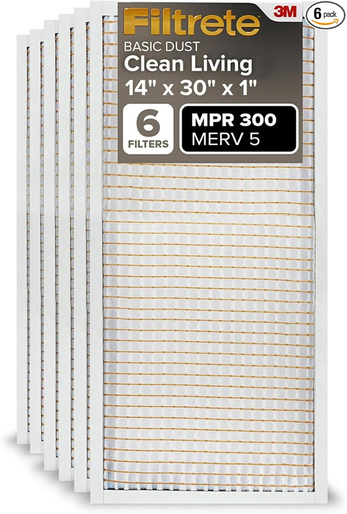 14x30x1 Air Filter, MPR 300, MERV 5, Clean Living Basic Dust 3-Month Pleated 1-Inch Air Filters, 6 Filters (Pack of 1)