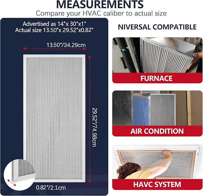 14x30x1 Electrostatic Air Filter, MERV 8 Reusable Aluminum AC/HVAC Furnace Filter, Lifetime Washable Permanent Air Filter