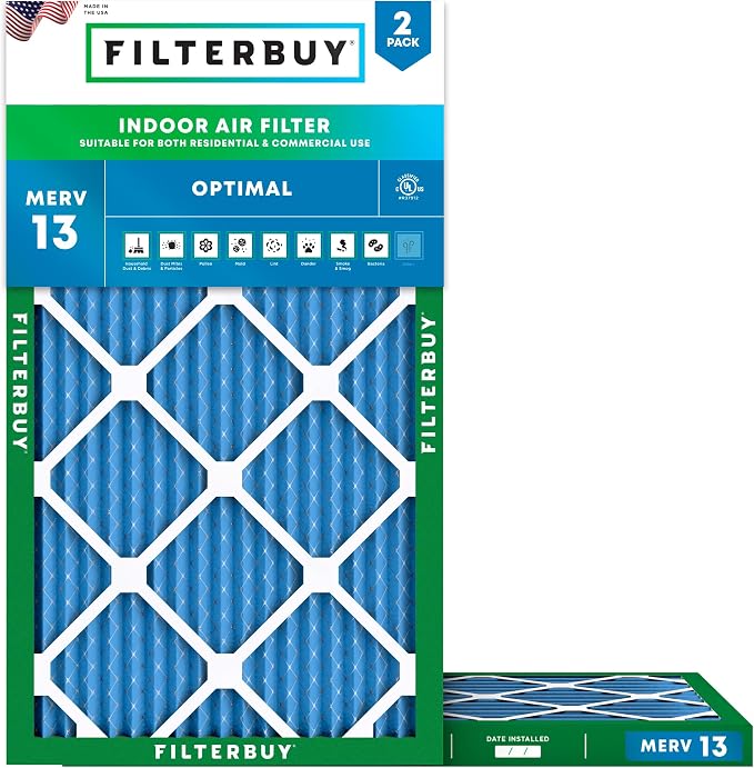 14x36x1 Air Filter MERV 13 Optimal Smoke & Allergy Defense (2-Pack), Electrostatic Pleated HVAC AC Furnace Filters